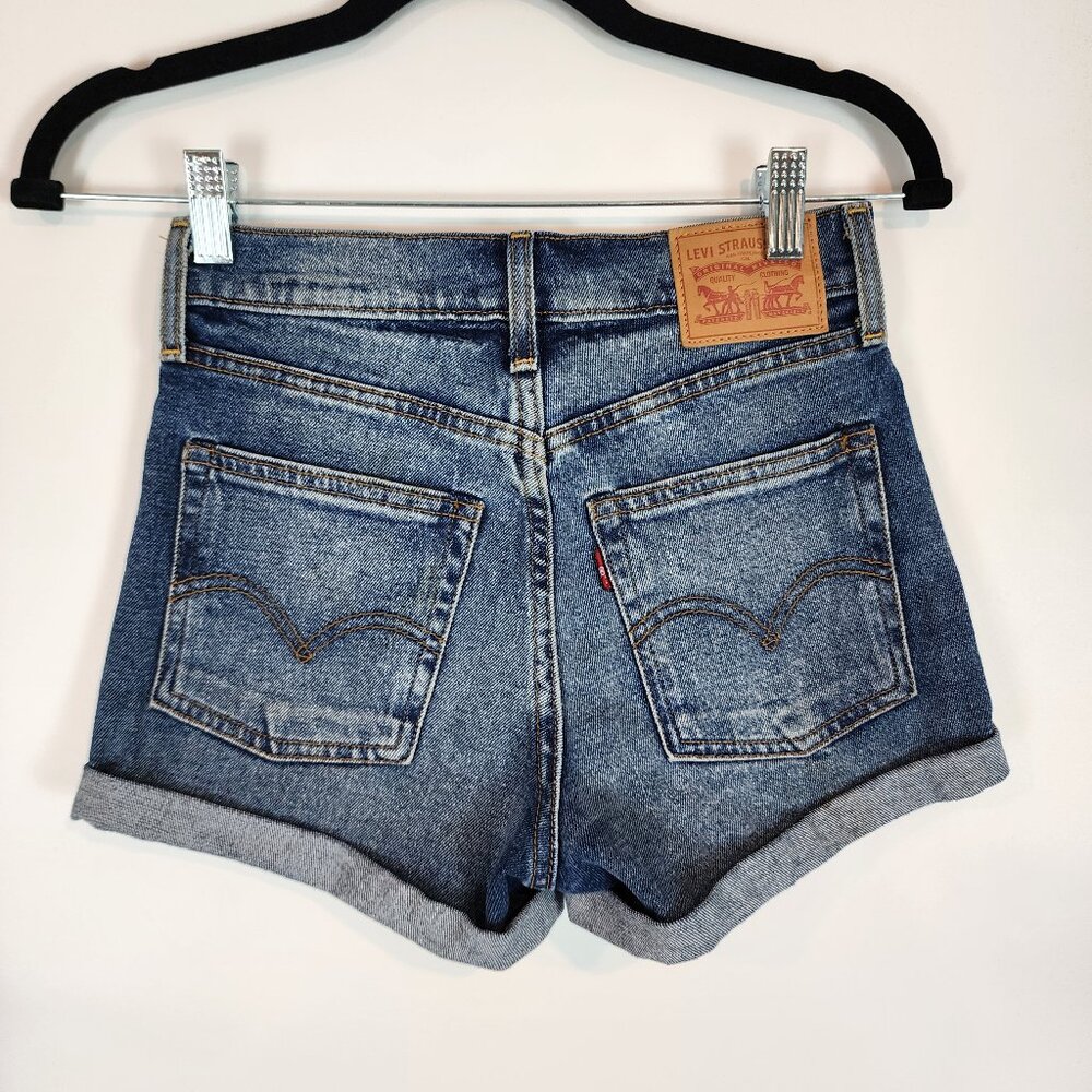 Levi's High Rise Button Fly Wedgie Shorts Mid Wash Cuffed Hem Cheeky Denim Short - Picture 5 of 12
